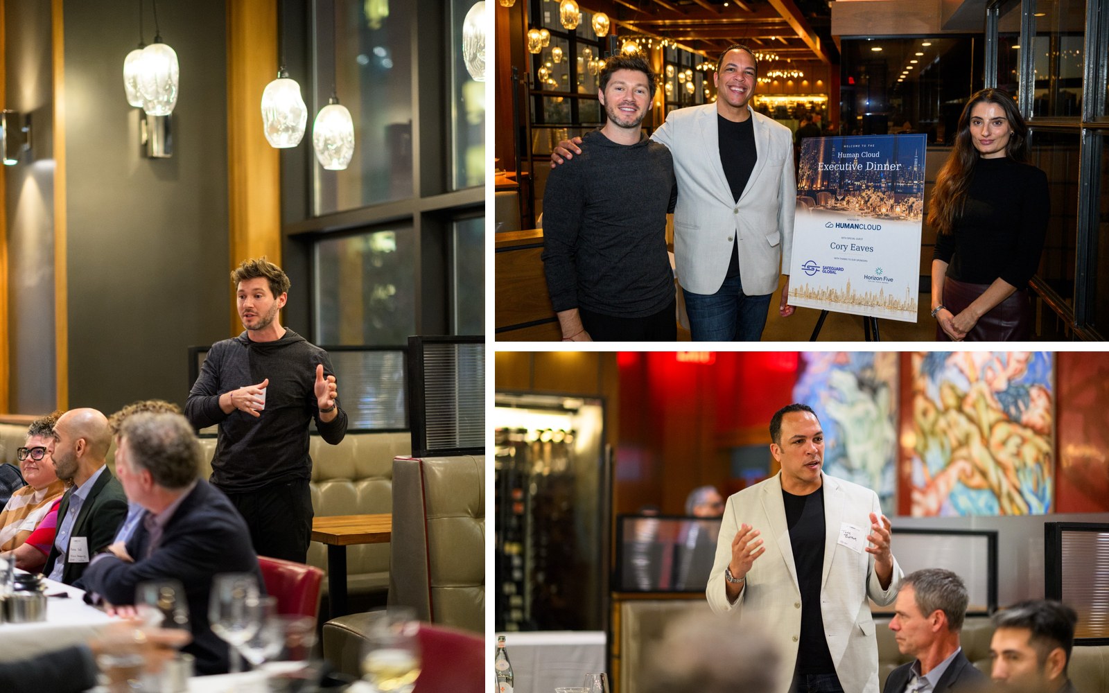 Human Cloud Executive Dinner with private equity operating partners in New York: Matthew Mottola speaking, the Human Cloud team at the welcome sign, and Tony Buffum hosting the table.