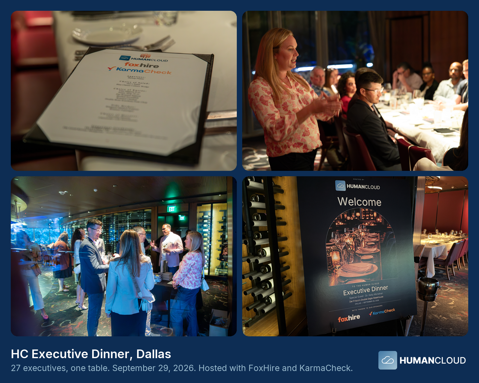 HC Executive Dinner in Dallas, September 29, 2026: the room, the table, the conversation, and the welcome sign. Hosted with FoxHire and KarmaCheck.