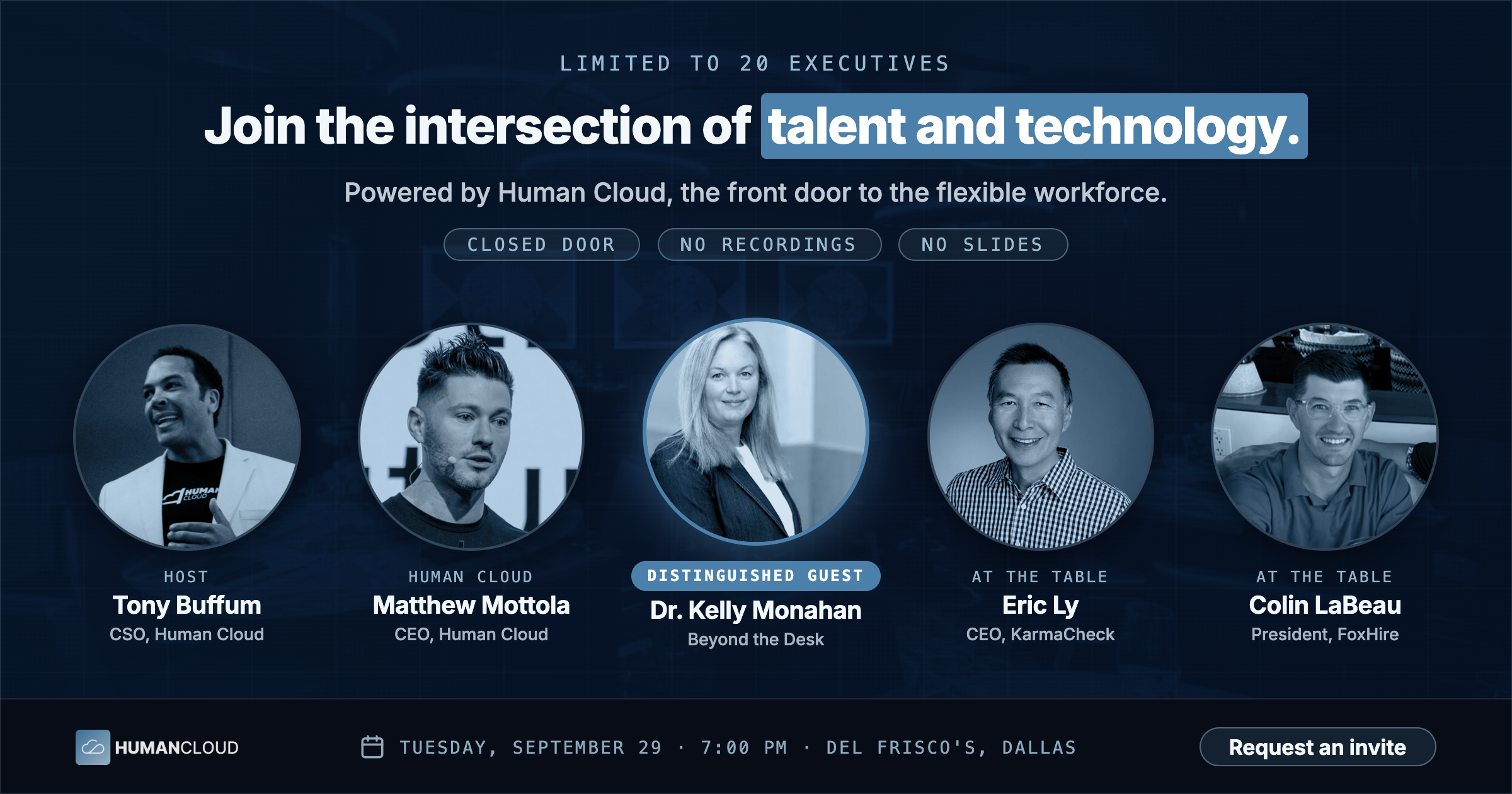 HC Executive Dinner, Tuesday September 29 at Del Frisco's Dallas: Tony Buffum, Matthew Mottola, Dr. Kelly Monahan, Eric Ly, Colin LaBeau